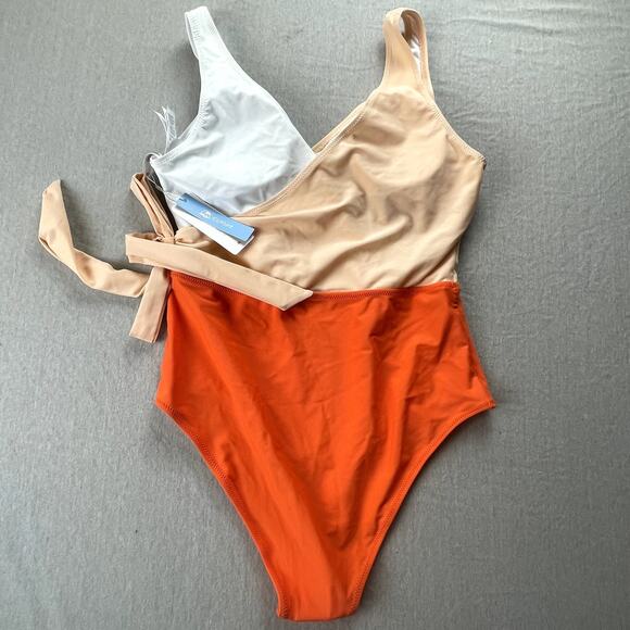 Cupshe Surplice Colorbock Swimsuit Side Tie One-Piece New NWT M Orange Tan White - Picture 2 of 4